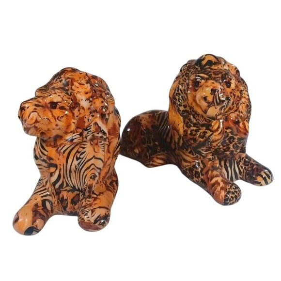 2 Lion Safari Figurine La Vie Patchwork Decoupage Home Decorative Lion King Pair - Picture 2 of 13